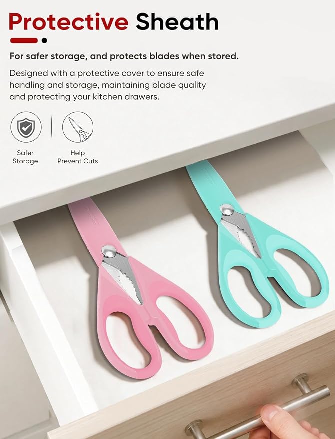 iBayam 8.7" Cute Kitchen Scissors All Purpose, Pastel Pink Purple Teal | Stainless Steel, Comfort-Grip Handles, Dishwasher Safe, Cute Pastel kitchen utensils accessories Apartment Essentials