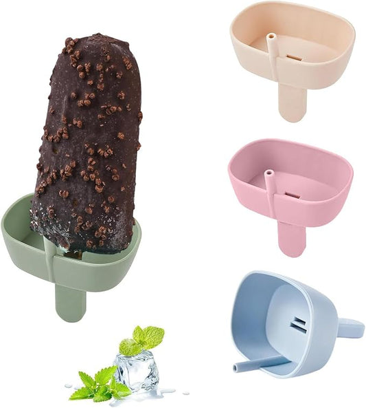 TuTuYa 4 Pack Drip Free Popsicle Holder, Reusable Silicone Ice Pop Stick Holder with Straw & 2 Slots Fit Standard and Wide size, Burr-Free Safety Healthy Mess Free Frozen Treats Holder for Kids