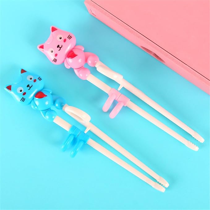 2Pairs Chopsticks, Learning Helper Practice Training Chopsticks Gift with Animals (cat pink +blue)