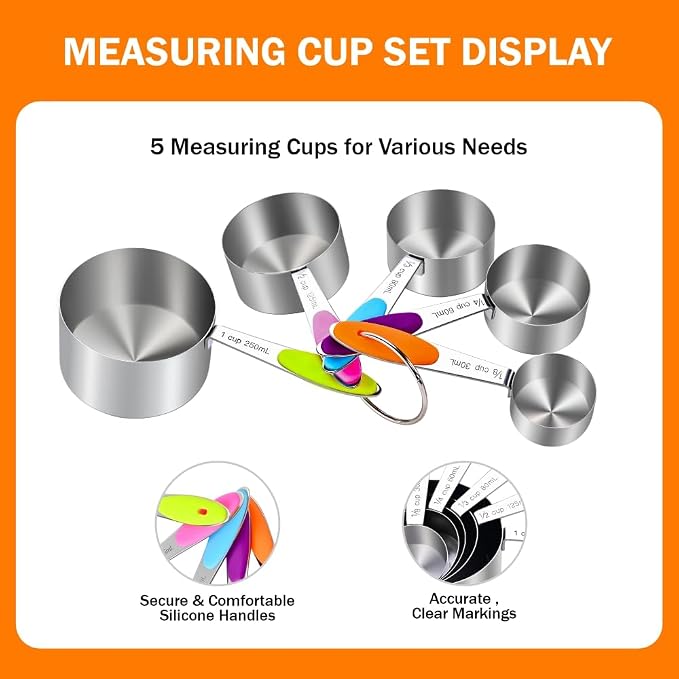 XSNBRD 13-Piece Magnetic Measuring Cups & Spoons Set | Stainless steel with silicone handles. Magnetic nesting for compact storage. Ideal for baking and cooking. Multicolor set.