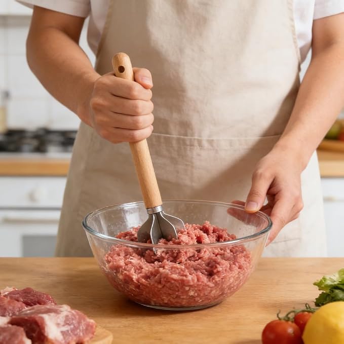 Stainless Steel Meat Chopper with Wooden Handle, 11inch Meat Masher and Tenderizer, Ground Beef Chopper Tool, Hamburger Smasher Tool