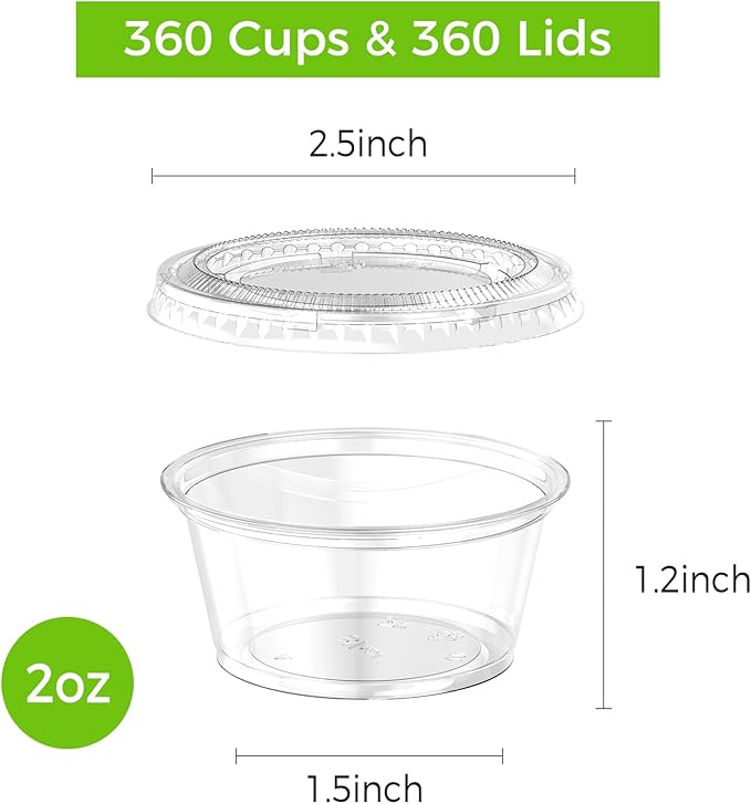 360 Set 2 oz Jello Shot Cups with Lids, Sturdy & Food Safe Disposable Plastic Portion Condiment Dipping Sauce Cups, Small Containers for Salad Dressing