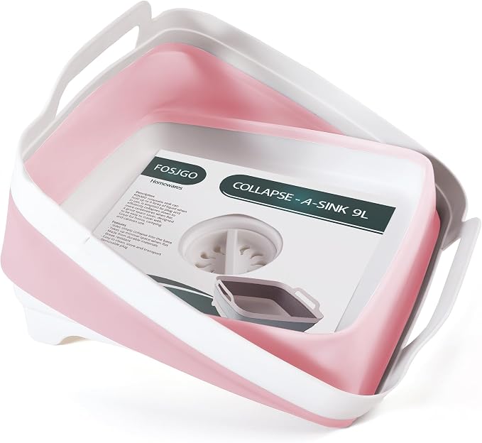FOSJGO Collapsible Dish Basin with Drain Plug, Foldable Sink, 2.4 Gal (9L) | Space-Saving Wash Basin for Kitchen, Baby Bottles, Vegetable Washing, Camping, RV and Party Beverage Tubs