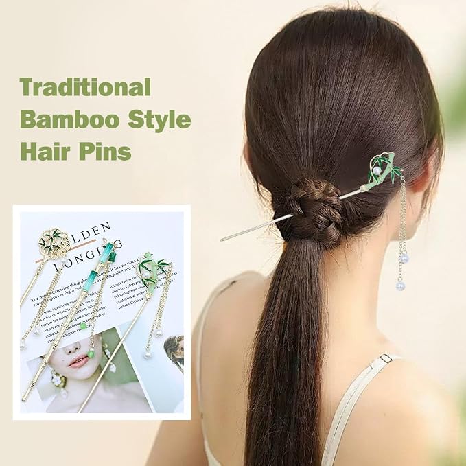 inSowni 8 Pieces Vintage Asian Chinese Traditional Hanfu Gold Metal Artificial Jade Bamboo Flower Butterfly Hair Pins with Pearl Bead Pendants Long Hair Sticks Forks Bun Updo Hairpins for Women Girls
