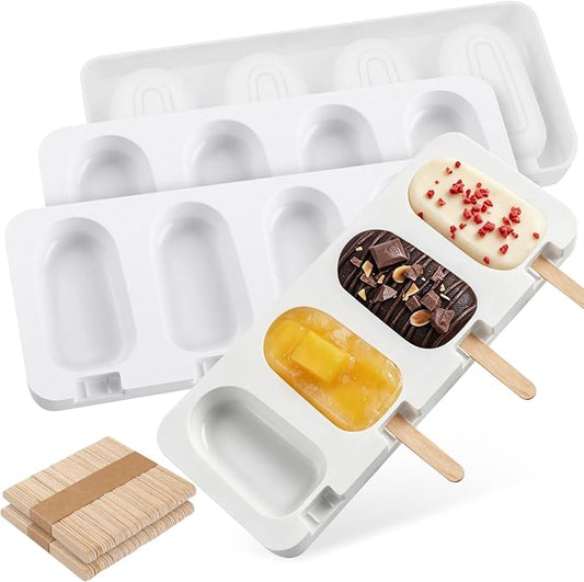 3 Pack Popsicles Molds, Silicone Popsicle Molds 4 Cavities Homemade Ice Cream Largre Oval Cake Pop Mold with 100 Wooden Sticks for DIY Pop,Cakesicles, Cake Pops