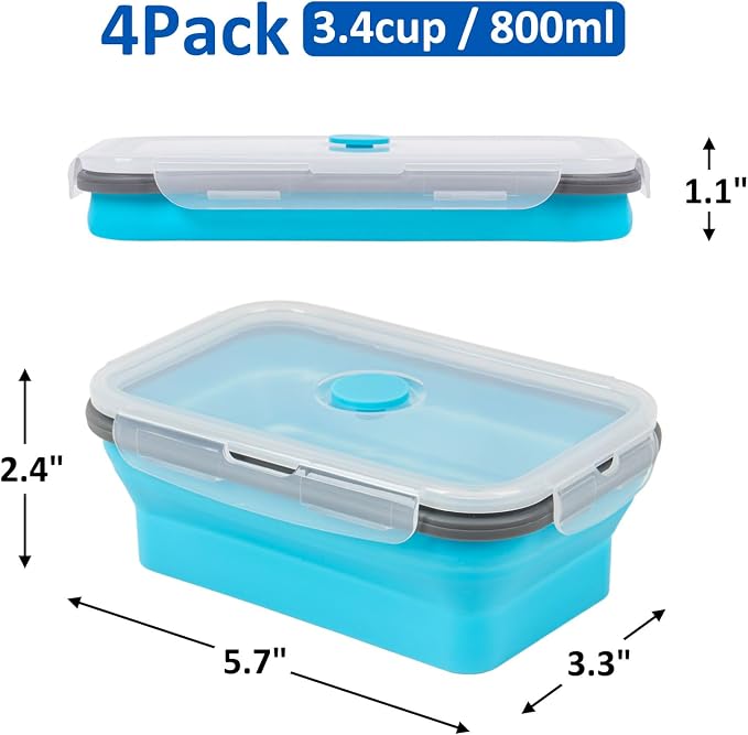 Collapsible Silicone Food Storage Containers Set with Lid & Air Vent,Foldable Lunch Containers(4PCS,Blue,27oz)