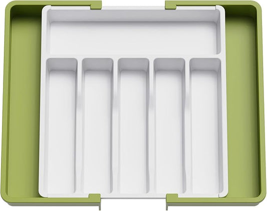Lifewit Silverware Drawer Organizer, Expandable Utensil Tray for Kitchen, BPA Free Flatware and Cutlery Holder, Adjustable Plastic Storage for Spoons Forks Knives, Large, Green&White