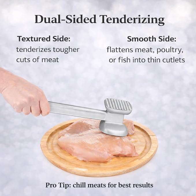 HIC Kitchen Non-Stick Dual-Sided Meat Tenderizer Mallet Marinating Prep Tool, Toothed And Plain Heads, Silicone-Coated, For Flattening Cutlets And Tenderizing Meat