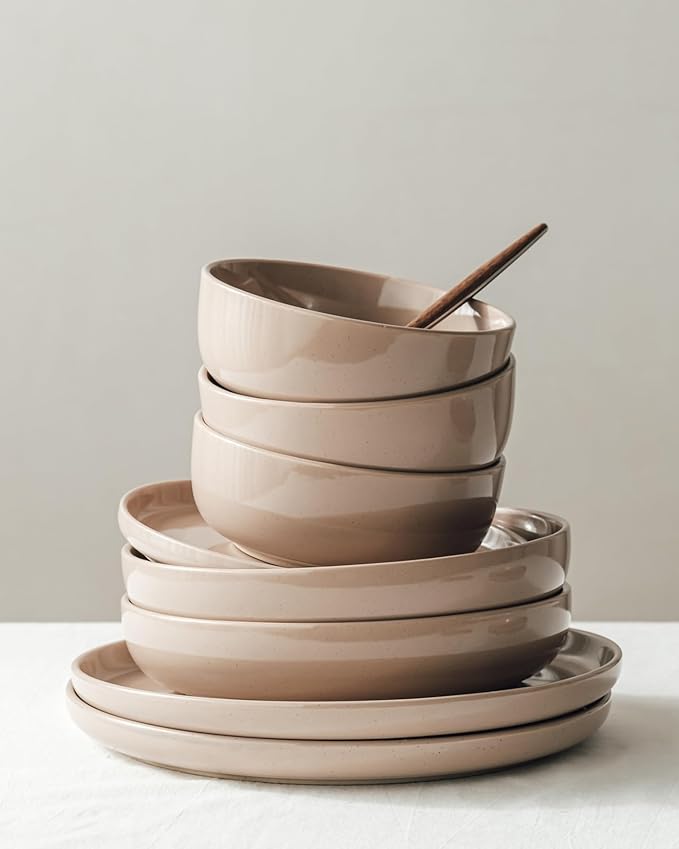 Famiware Milkyway Dinnerware Set with Mugs, Service for 4 (16pcs), Ribbed Stoneware Plates and Bowls Dishes Sets - Chip & Scratch Resistant, Microwave & Dishwasher Safe, Cinnamon Brown