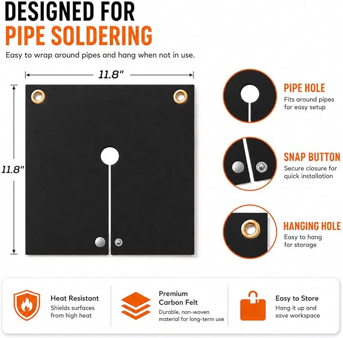 Welding Blanket Fireproof, 12x12inch Soldering Heat Shield Mat for Torch, Flame Protector, Soldering Repairs with Hole for Pipe Soldering, 2pack Welding Pad for Plumbing