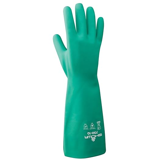 SHOWA 730 Chemical Resistant Gloves, 15-mil Nitrile with Cotton Flock Liner, 13-inch Extended Gauntlet, Bisque Grip, CE Cat III & Food Safe, Green, XX-Large, 12-Pack