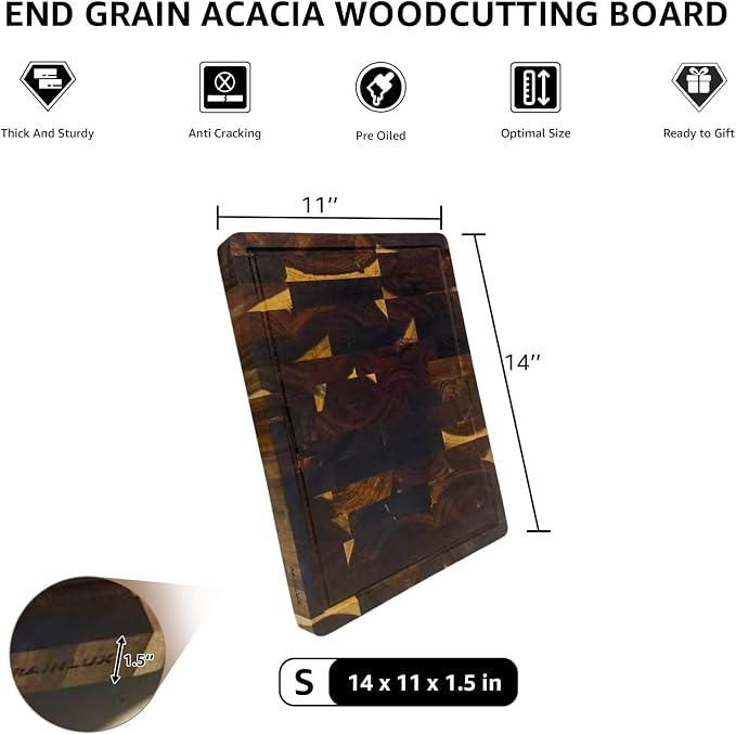 Walnut Wood Cutting Board for Kitchen, End Grain Chopping Board with Juice Groove, Heavy Duty Checkered Board for Cheese and Vegetables, Non-slip Feet, 14" × 11" × 1.5"