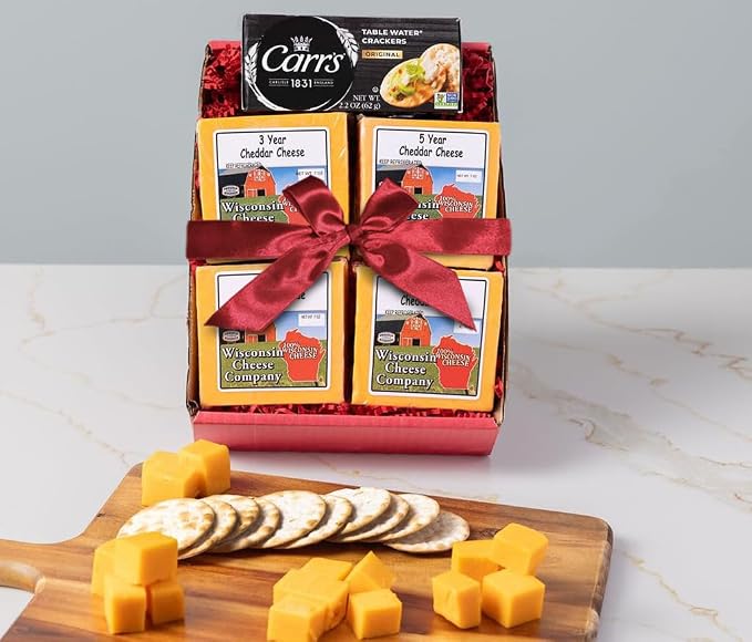 Wisconsin Cheese Company – Aged Cheddar Cheese and Crackers Gift Box – Includes Three, Five, Eight & Ten Year Aged Cheddar – Charcuterie Board Gift Set (Four 7.5 oz Blocks)
