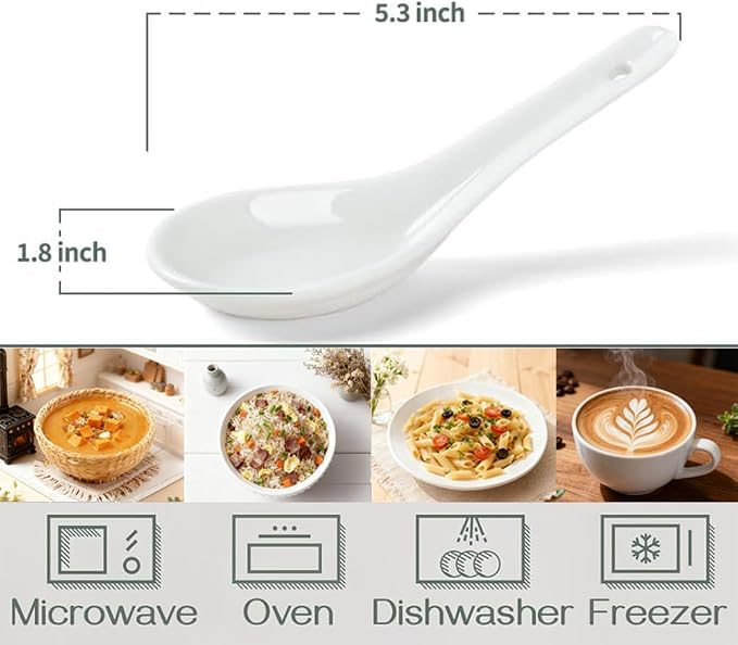 Soup Spoons Set of 6, Asian Ceramic Soup Spoons 5.3" Ramen Spoons | Proper for Pho Miso Wonton Ramen Dumpling Macaron Dishwasher & Oven Safe,Chinese Japanese soup spoons