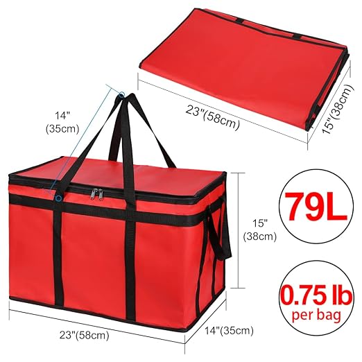 1PK Insulated Food Delivery Bag, 3X-Large Reusable Grocery Bags, Red | Commercial Food Warmers for Delivery Drivers, Tote Bags for Cooler/Hot Food, Picnic/Travel, Heavy Duty, Catering 23"x14"x15"
