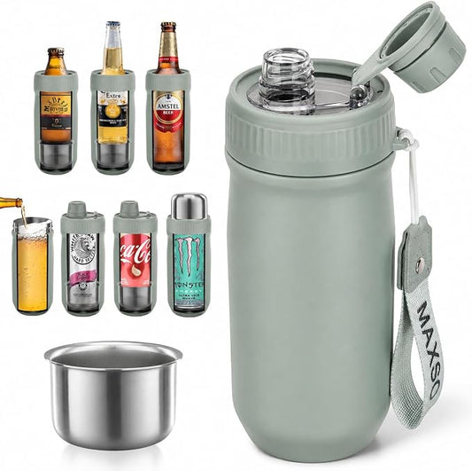MAXSO Sealed Can Cooler Fizz Lid Can Cover for 12 oz Regular, Slim Skinny Cans & As Thermal Bottle (Sage Green, 5-in-1)