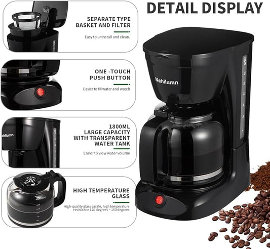 12 Cup Drip Coffee Maker, Coffee Pot Machine Permanent Coffee Filter,1.8L Glass Carafe Electric Coffee Maker,950W Black