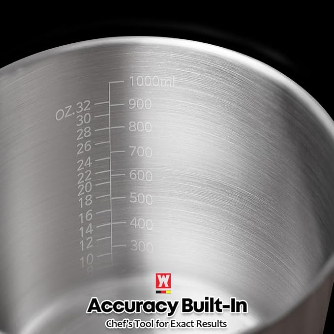 WAGENSTEIGER 18/8 Stainless Steel Measuring Cup: Metal Measuring Pitcher with Engraved Oz & ml Markings, Precision Pour Spout & Sturdy Handle – Baking, Coffee & Barista Use (1000ml / 33.8Oz)