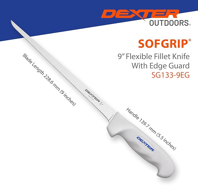 Dexter Outdoors SOFGRIP 9" Flexible Fillet Knife with Edge Guard | High-carbon American stainless blade resists corrosion. Slip-resistant soft grip and edge guard included, made in USA.
