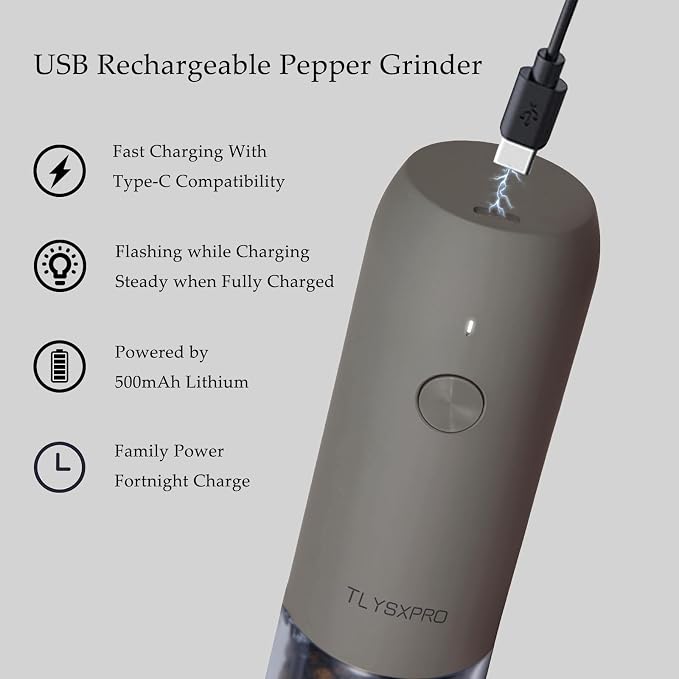 Electric Salt and Pepper Grinder Set, USB Rechargeable, Automatic Salt and Pepper Mill Grinder with Adjustable Coarseness, Electric Salt Shakers, LED Light, Refillable (2 Packs, Greige)