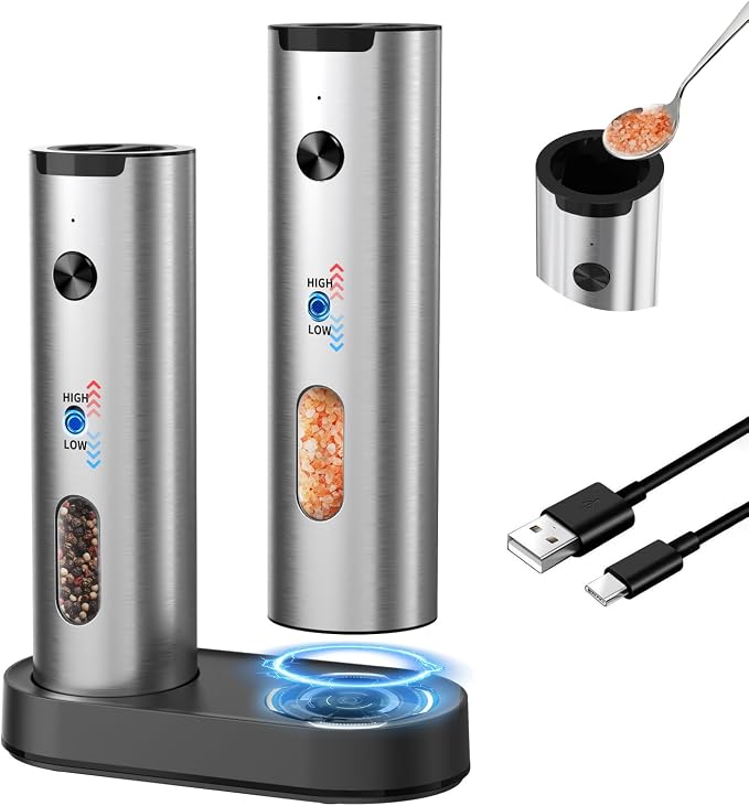 CIRCLE JOY Rechargeable Electric Salt and Pepper Grinder Set, 2-speed Stainless Steel Automatic Pepper Mill Grinder w/Charging Base, Adjustable Coarseness, LED Light, 110ml Large Capacity Top Fill