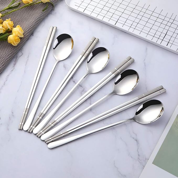 Buyer Star 4 Set Silver Square Chopsticks and Spoon Set Metal Stainless Steel Spoon Chopsticks Set