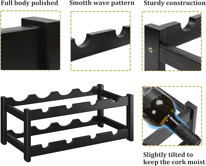 BAMEOS Wine Rack Freestanding 8 Bottle 2 Tier Bamboo Wine Racks Countertop Cabinet Wine Holder Wine Storage Shelf for Kitchen, Bar, Pantry, Wine Cellar, Countertop Black (16.85 L x 9.25W x 7H)