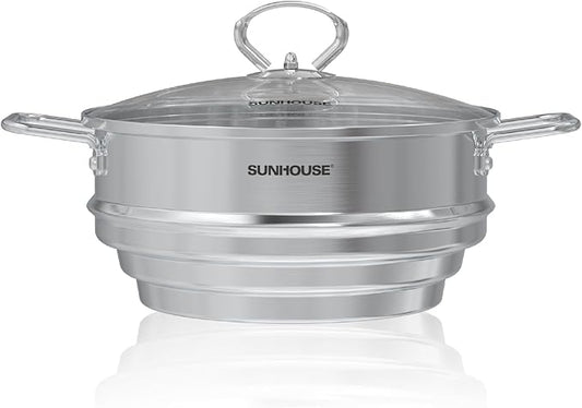 SUNHOUSE 5 Quart Stainless Steel Steamer Insert – Multi-Purpose Soup & Food Steamer with Stay-Cool Handles & Heavy-Duty Glass Lid – Fits Various Pot Sizes (8", 8.5", 9.5")