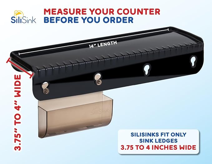 SiliProducts SiliSink Silicone Sink Edge Guard for Kitchen Sink - Fits 3.75”- 4” Wide - The Original Silicone Edge Protector with Sponge Caddy - Splash Guard, 14” Black Diamond