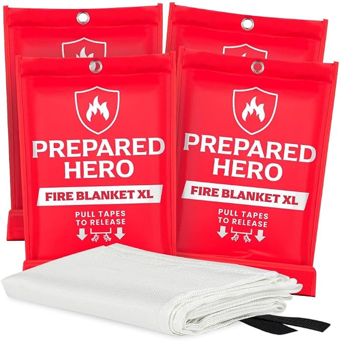 Prepared Hero Emergency Fire Blanket XL - 4 Pack - Fire Suppression for Kitchen, 47" x 71" Fiberglass Fire Blanket for Home