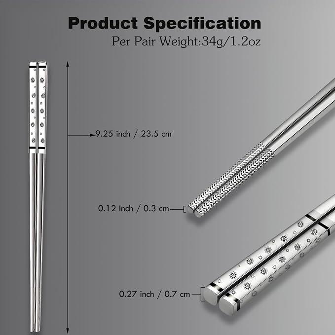 Metal Chopsticks Reusable,18/8 Stainless Steel,Silver,5PC Cherry Blossom | Gift Box Set,Square,Lightweight, Non-Slip,Laser Engraved Patterns No fade