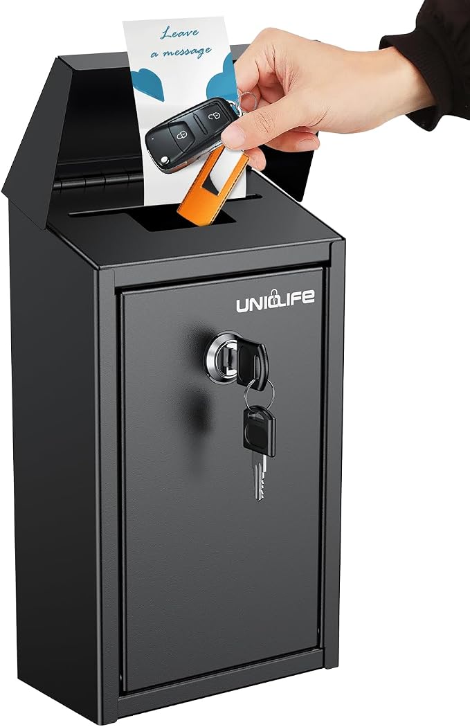 Uniclife Black Metal Donation Box, Wall Mounted Mailbox for Outside | Safe Suggestion Box with Key Lock, Steel Key Drop Box with Top Slot, Cash Box for Home Office and Business