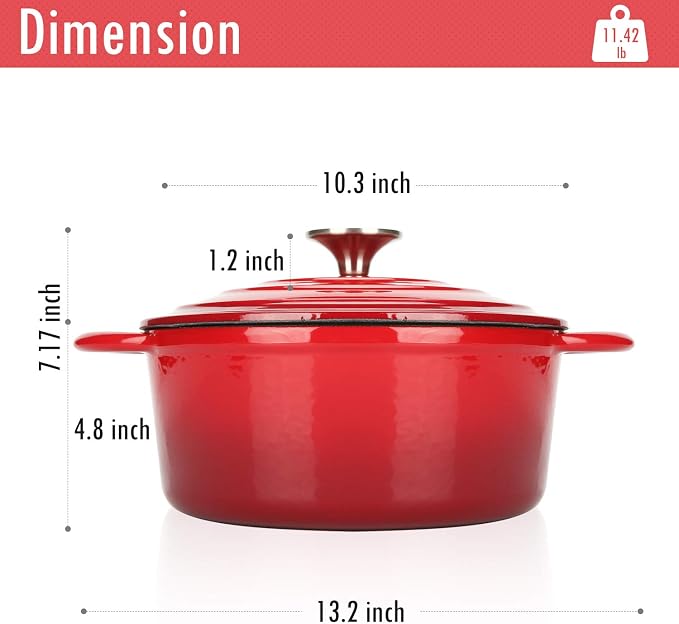 5 QT Enameled Cast Iron Dutch Oven with Self-Basting Lid, Heavy Duty Enamel Coated Soup Pot for Slow Cooking, Stews, Roasts & Bread Baking, Moisture Retention Cooking Pot, Oven Safe to 500°F