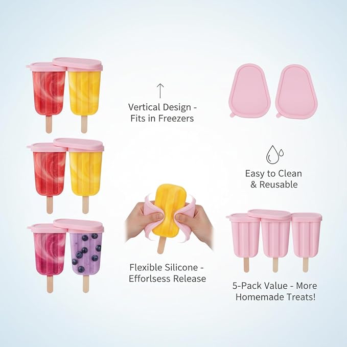 Easy-Release Homemade Popsicles with Silicone Mold, Lids & Sticks for Juice or Yogurt, 5 fl oz Capacity
