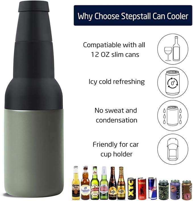 Stepstall Beer Gifts for Men - Beer Bottle & Can Cooler with Opener, 12 oz. Slim Can & Bottle Insulator, Vacuum Insulated Double Walled Stainless Steel (Green)