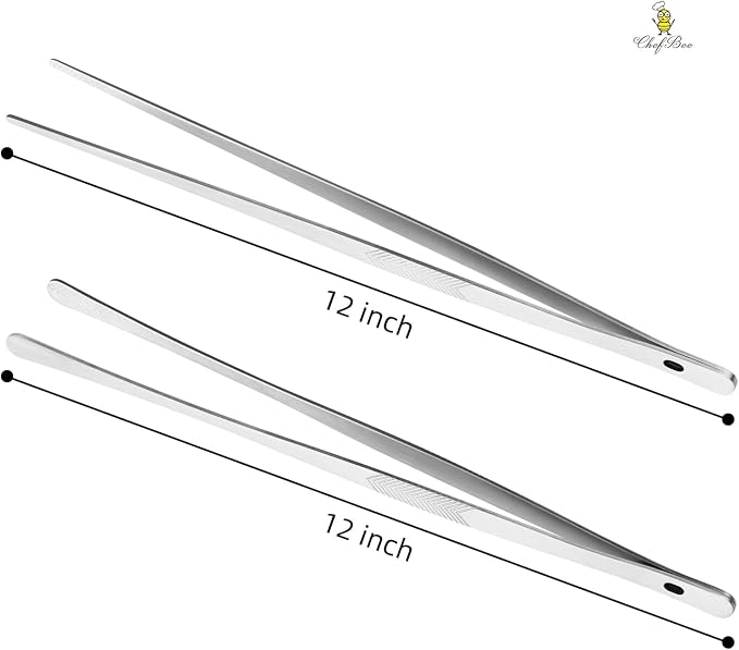 2PCS 12" Stainless Steel Kitchen Tongs Tweezers with Serrated Tips | Precision Grip, Chef Grade, Sturdy Kitchen Utensils, For Serving Food Pasta Salad, Suitable for Grill BBQ Culinary Use