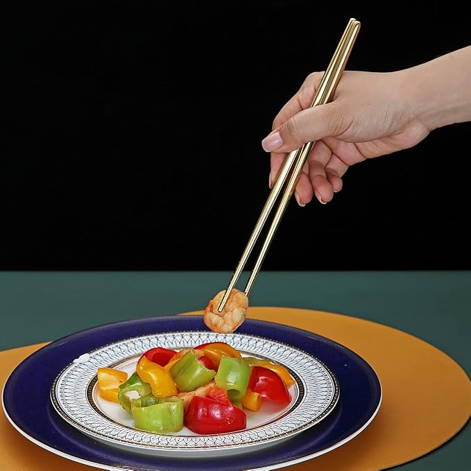 10 Pairs Reusable Chopsticks, Titanium Gold Plating Stainless Steel Metal Chop Sticks, Japanese Chinese Korean Chopstick Dishwasher Safe, 8.9 Inch (Gold / Chop sticks)