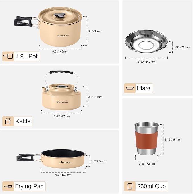 Odoland 15pcs Camping Cookware Mess Kit, 1.9L Pot, for Camping, Backpacking | Anodized aluminum, for hiking, outdoor cooking and picnic, 1.9L pot 0.8L kettle 0.86L pan mess kit, little compact pot set