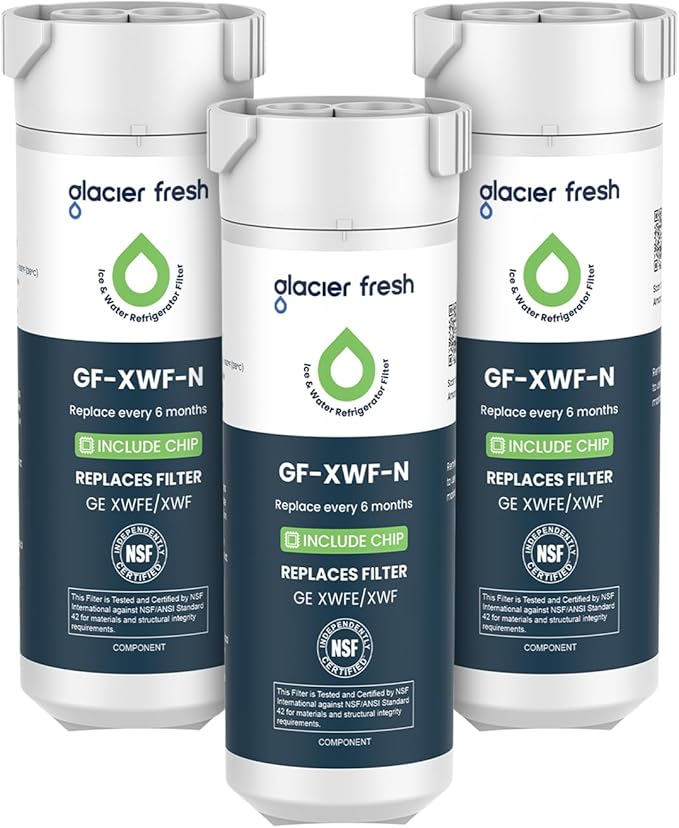 GLACIER FRESH XWFE (Built-in CHIP) Refrigerator Water Filter Pack of 3 | Replacement for GE XWFE, XWF Refrigerator Water Filter NSF/ANSI 42 Certification