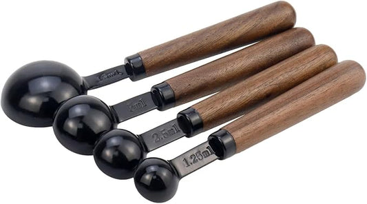 Set of 4 Measuring Spoons Black Measuring Scoops with Wooden Handle Stainless Steel Measuring Spoons Set for Kitchen Flour Spice Seasoning Measurement (15ml+5ml+2.5ml+1.25ml)