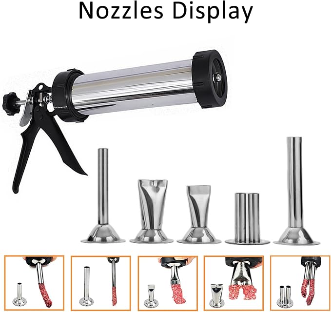 Beef Jerky Gun Kit, Stainless Steel Meat Gun with 5 Nozzles | 304 Stainless Sausage Gun with Easy squeeze Handle, 5 Nozzle Shapes, Dishwasher Safe, Quick Clean, 1.5LB Capacity