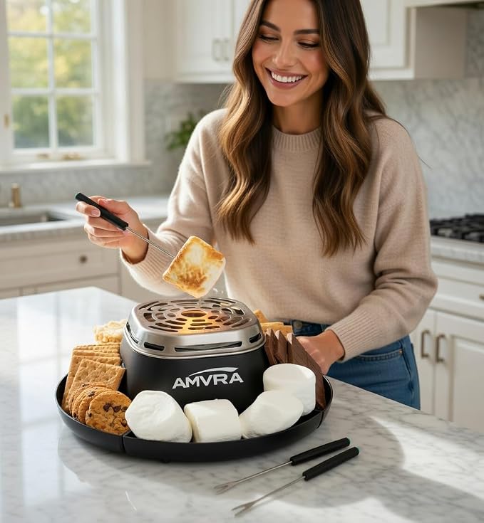 AMVRA Indoor Electric S'Mores Maker Smores Kit with 4 Stainless Steel Marshmallow Roasting Sticks and 4 Trays for Graham Crackers, Chocolate, and Marshmallows - Movie Night Supplies - Black