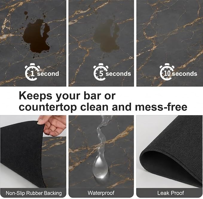 ZLR Coffee Bar Mat for Coffee Station, 16"x20" Large, Marble Gray | Absorbent Dish Drying Mat, Stain-Hiding Top, Non-Slip Back, Fits Espresso, Grinder, Knock Box, Frother & Cup Display