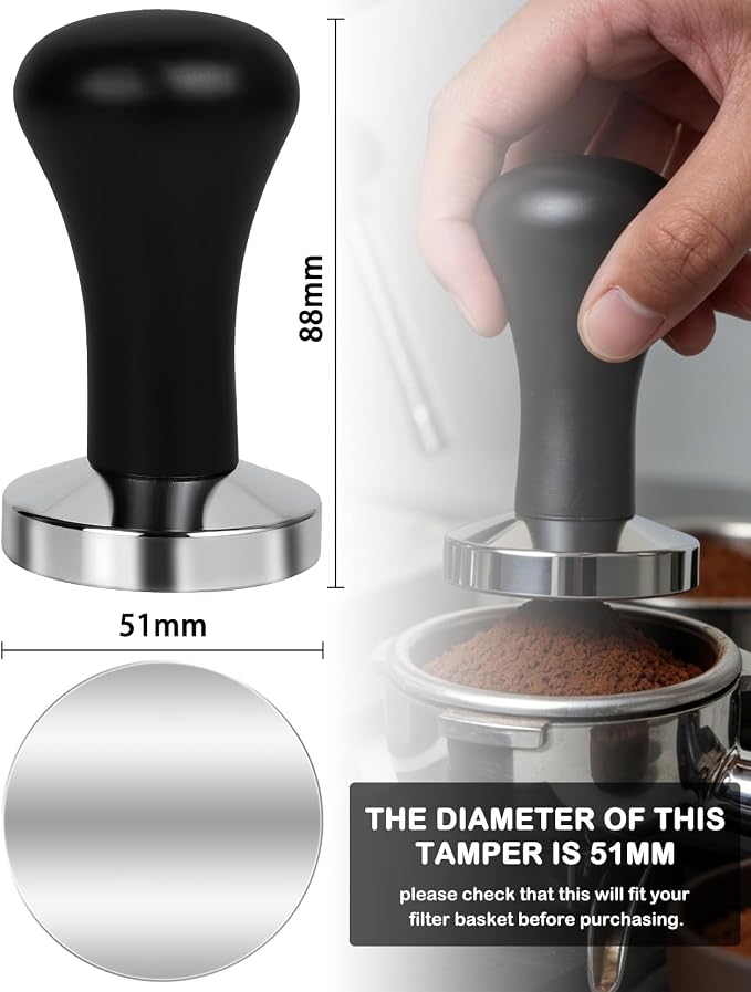 51mm Espresso Tamper, Espresso Machine Accessories, Espresso Tamper with Wood Handle, Durable Metal Tamper, Medium Weight, Home & Café Use Coffee Tamper