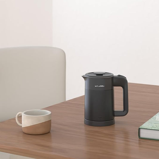 0.6L Small Electric Tea Kettle Lightweight, 20 Ounce Double Wall Hot Water Boiler Stainless Steel Auto Shut-off, 120V Portable Travel Electric Kettle Fast Boil for Tea and Coffee, Black