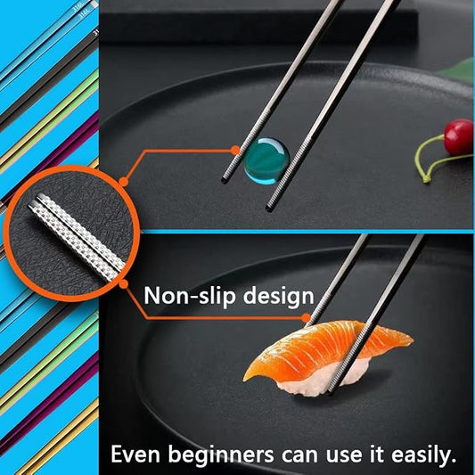 5 PaIrs Color 316 Stainless Steel 18/10 Reusable Chopsticks Set With Case Rainbow Multicolor Non-Slip Chopsticks Black Purple Gold Colored Blue For Dining Sushi Noodle Hot Pot,Dishwasher Safe