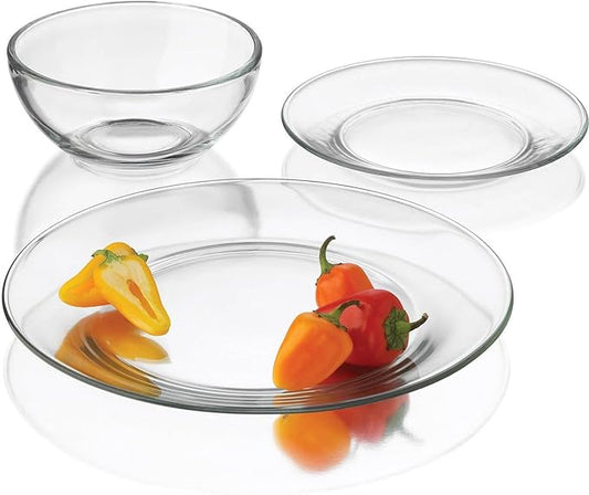 Libbey Round 12 Piece Glass Dinnerware Set, Stackable Glass Plate and Bowl Set w/Round Shape, Modern Plates and Bowls Sets for Gatherings, and Everyday Use