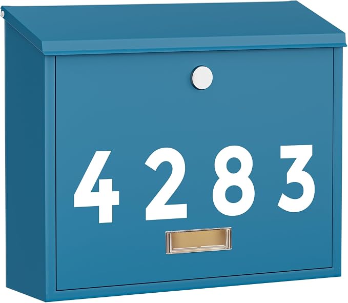 LAND·VOI Locking Wall-Mount Mailbox for Outside, with 4 Keys, Galvanized Steel Rustproof Metal Postbox, 4" Dx13.8 Wx11.2 H, Includes 3 Sets of Mailbox Numbers, Nameplate, Blue