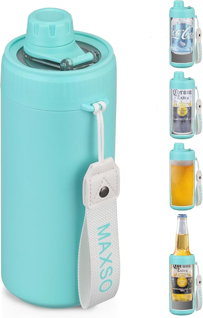 MAXSO Sealed Can Cooler Fizz Lid Can Cover for 12 oz Regular, Slim Skinny Cans & As Thermal Bottle, 4-in-1 Insulated Vacuum Stainless Steel Carbonated Cold Drink Holder - Turquoise