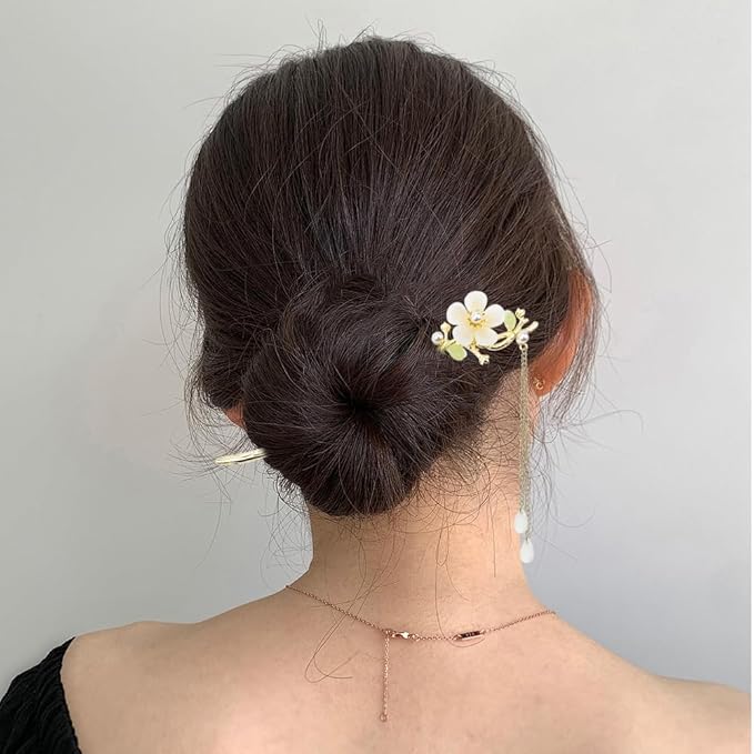 4 PACK Lily of the Valley Chinese Hair Sticks for Women Vintage Retro Pearl Hair Chopsticks Hair Bun Updo Holders Long Hairpins for Women Girls